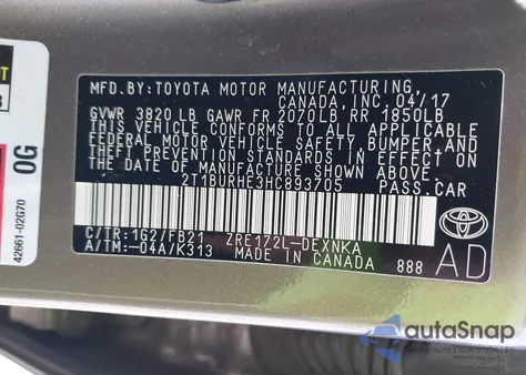 2017 Toyota Corolla Le from USA, damaged, VIN 2T1BURHE3HC893705